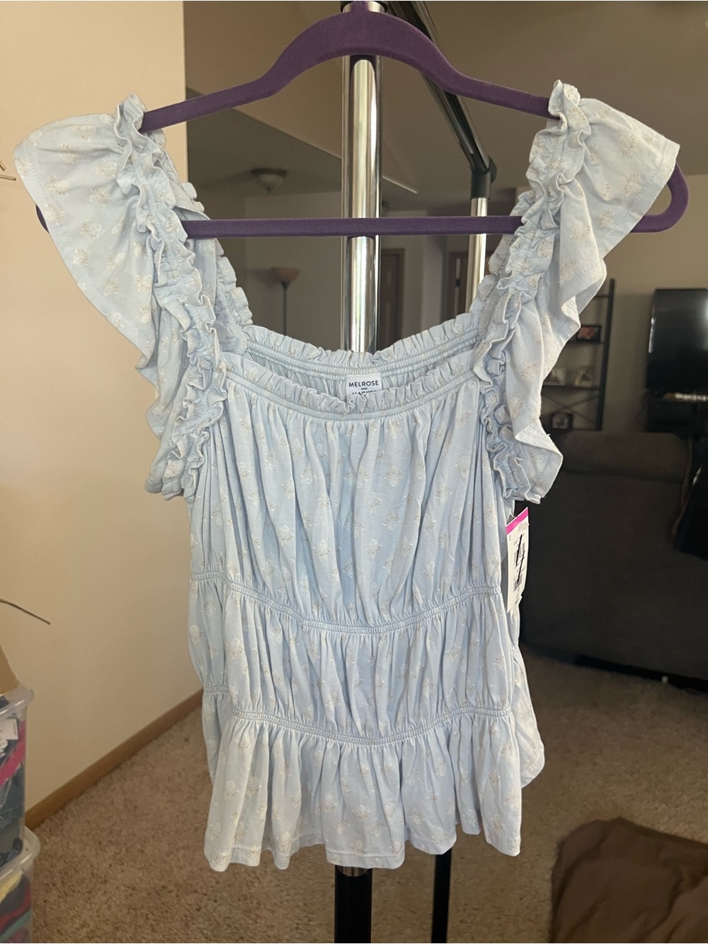 Melrose and Market Light Blue Peasant Ruffle Sleeveless Top